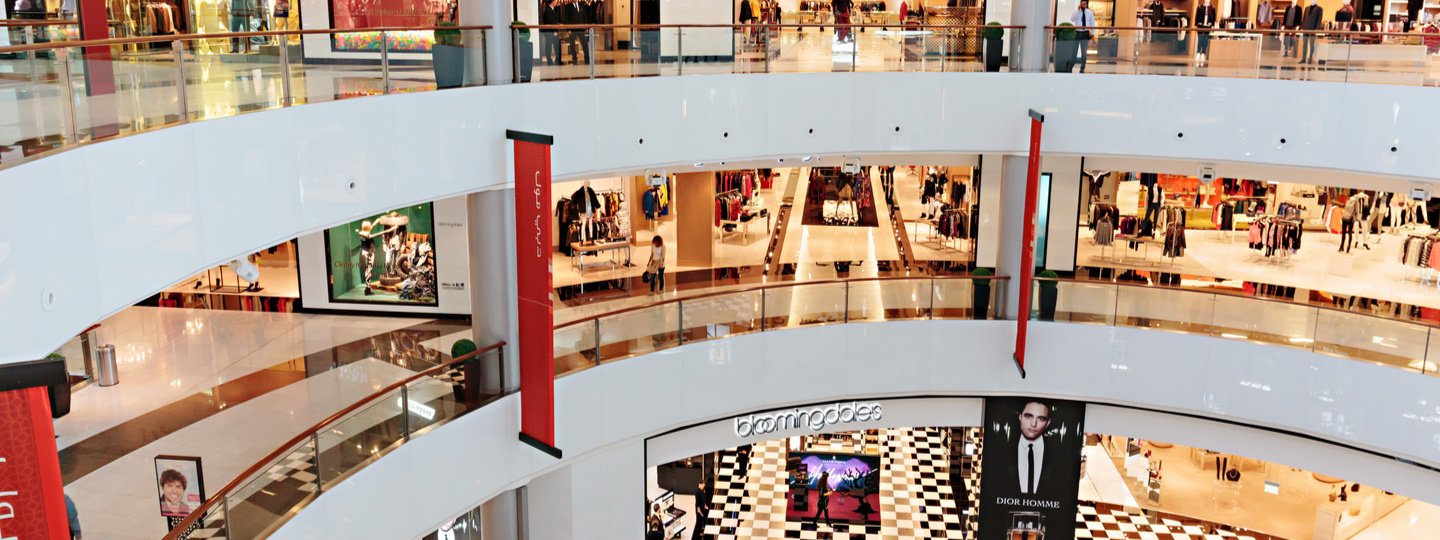 Interior view of a large, three story mall